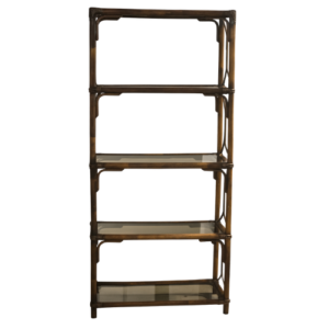 Étagère vintage rotin et verre fumé pour décoration événementielle