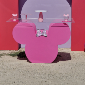 Buffet Minnie / Mickey rose uni avec plateau transparent pour baby shower ou anniversaire