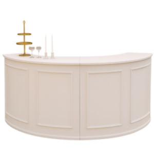 Buffet arrondi blanc écru combiné en demi-cercle pour réceptions et location mobilier pour évènement